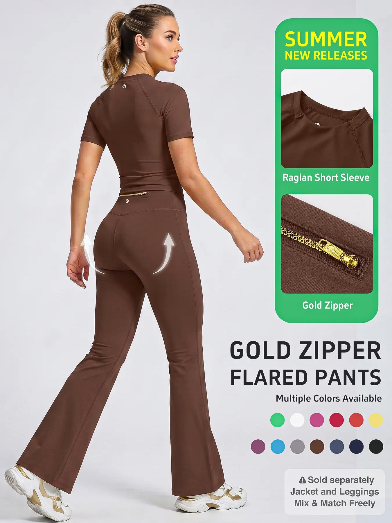 Uncia Active Women'S Sports Sweat Suit - Raglan Short Sleeve Yoga Top & Gold-Color Zipper Flared Pants, High-Stretch Moisture-Wicking Skin-Friendly Outfit for Daily Exercise Try It