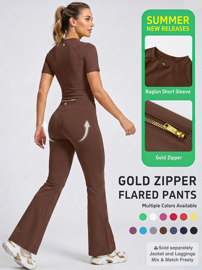 Uncia Active Women'S Sports Sweat Suit - Raglan Short Sleeve Yoga Top & Gold-Color Zipper Flared Pants, High-Stretch Moisture-Wicking Skin-Friendly Outfit for Daily Exercise Try It