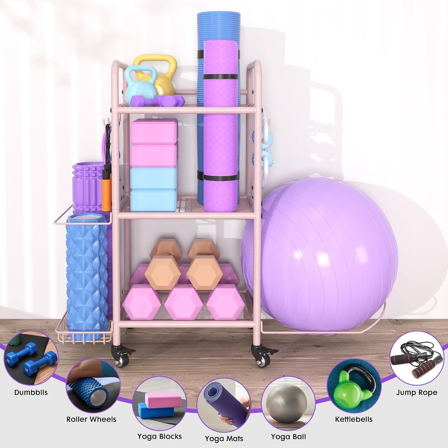 Home Gym Storage Rack Exercise Equipment Storage Organizer for Yoga Mat Dumbbells Kettlebells Foam Roller Yoga Strap & Resistance Bands, Ideal Yoga Mat Holder & Workout Equipment Organizer