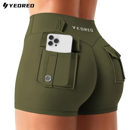 YEOREO Coreflex Women Workout Shorts Low Rise Hidden Scrunch Butt Lifting Cargo Pockets 2.5" Shorts Summerwins